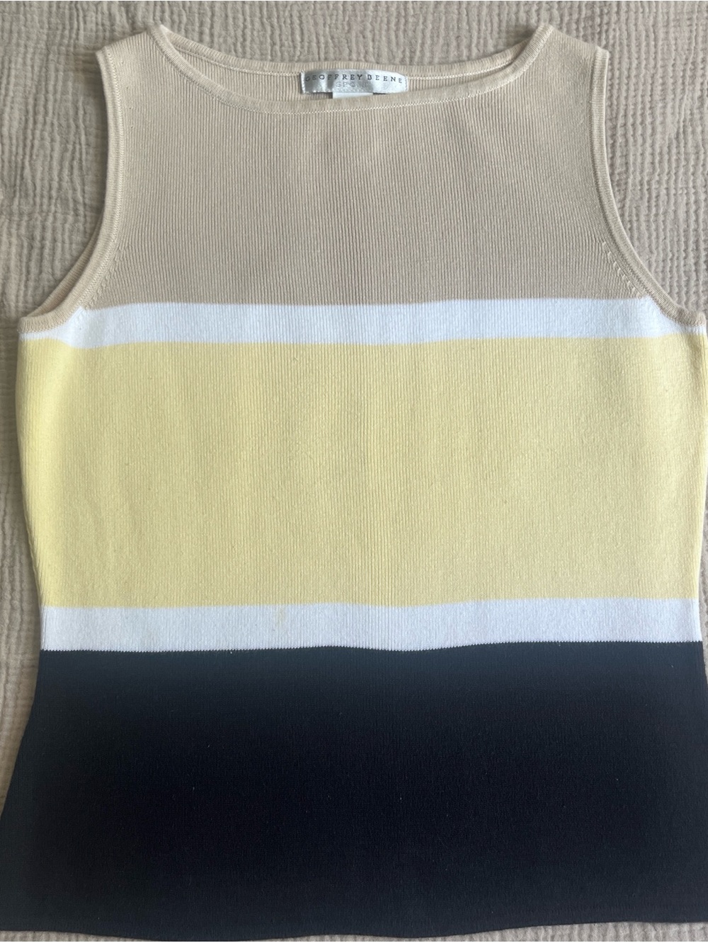 Geoffrey Beene small Striped Sleeveless Knit Top in Beige, Yellow, White, Black